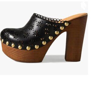 FOWT Black Studded Round Toe Floral Cut Out Platform Mules Chunky Heel Sandals